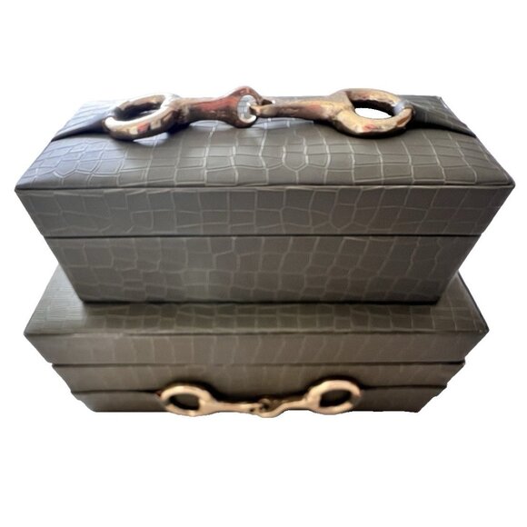 S/2 Vegan Crocodile Decorative Boxes GREEN GOLD EQUESTRIAN Jewelry Storage - Picture 2 of 16